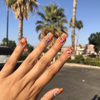 Area One Nail Spa - SNS with tip, orange glitter with butterfly decal stickers!! - Nail Salons Near Me - Corona, California Area One Nail Spa - SNS with tip, orange glitter with butterfly decal stickers!! - Nail Salons Near Me - Corona, California