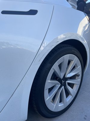 Scratches and dents - Customer was pulling into her garage ( tight turn to get in) and scraped the wall
