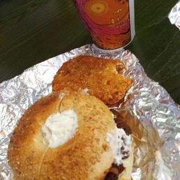 Scrapple, egg and cheese, toasted sesame bagel with cream cheese!  Yumm!!