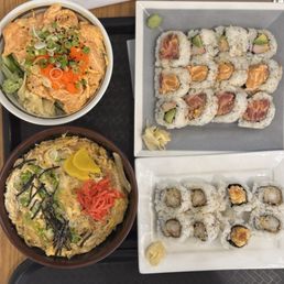 Our lunch! Spicy salmon bowl Katsudon  Tempura roll  Spicy Tuna/Spicy Salmon combo