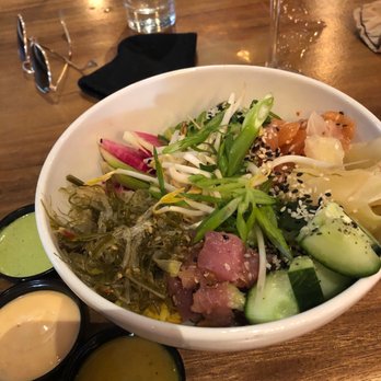 TownHall - Wild Poké Bowl w/ tuna & salmon and Yellow rice. Sauce options: sunshine vin/vinaigrette, bang bang, and aji (cilantro) sauce - New American Near Me - Columbus, Ohio