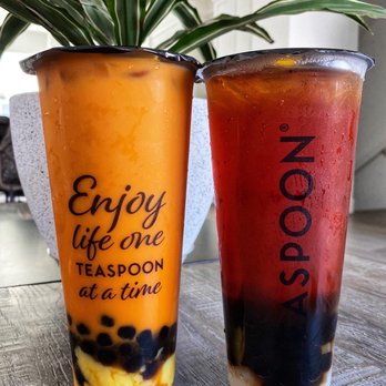 Teaspoon - Thai Tea Classic + Egg Pudding (left) & Lychee on Lychee + Honey Boba (right) - Desserts Near Me - Hayward, California Teaspoon - Thai Tea Classic + Egg Pudding (left) & Lychee on Lychee + Honey Boba (right) - Desserts Near Me - Hayward, California