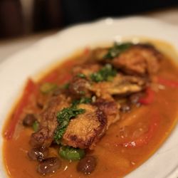 Watercolour Restaurant - CHICKEN MARBELLA $42 roasted chicken + chorizo + peppers + olives + onions + confit garlic