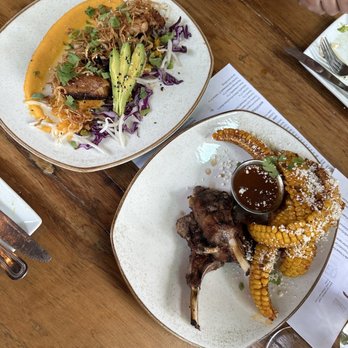 ACEQ Restaurant - Arroz con puerco (left) and lamb with corn (right) - New American Near Me - Arroyo Seco, New Mexico ACEQ Restaurant - Arroz con puerco (left) and lamb with corn (right) - New American Near Me - Arroyo Seco, New Mexico