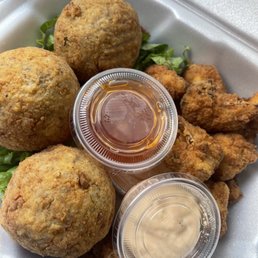 Boudin balls cauliflower wings Asian zing sauce on the side Boudin balls cauliflower wings Asian zing sauce on the side
