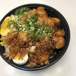 Sesame Chicken Rice Bowl & Tempura Shrimp. Quite a lot of food Sesame Chicken Rice Bowl & Tempura Shrimp. Quite a lot of food