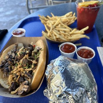 Galactic Grill - Mushroom Philly Sandwich and Cheeseburger . Two Side of French Fries and special cranberry sprite - American Near Me - Anaheim, California