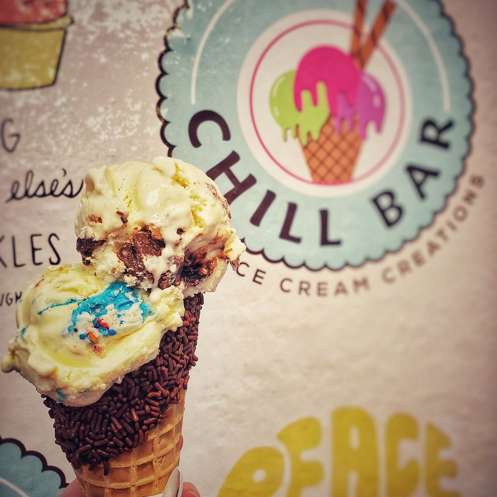 Chill Bar Ice Cream - Chocolate dip waffle cone with 2 scoops: birthday cake and gator tracks - Desserts Near Me - Temple Terrace, Florida Chill Bar Ice Cream - Chocolate dip waffle cone with 2 scoops: birthday cake and gator tracks - Desserts Near Me - Temple Terrace, Florida