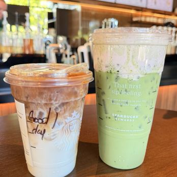 Starbucks - Caramel macchiato and matcha latte w/ strawberry cold foam - Coffee & Tea Near Me - Amesbury, Massachusetts