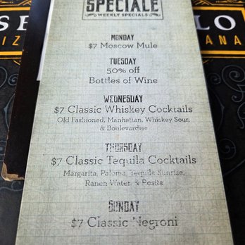 Settebello Pizzeria Napoletana - Menu of drink specials by day (sorta like happy hour but the entire day) - Pizza Near Me - Henderson, Nevada Settebello Pizzeria Napoletana - Menu of drink specials by day (sorta like happy hour but the entire day) - Pizza Near Me - Henderson, Nevada