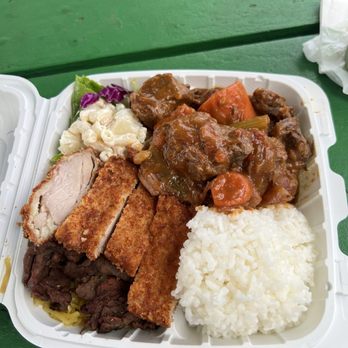 Mark's Place - Plate lunch with teriyaki beef (and yakisoba boodles underneath), katsu chicken and beef stew - Hawaiian Near Me - Lihue, Hawaii