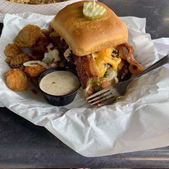 Rogers Roundhouse - RRH Burger add Bacon with side of Fried Pickles - Beer Gardens Near Me - Fort Worth, Texas