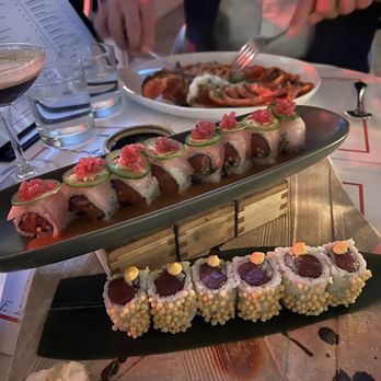 Mademoiselle Raw Bar + Grill - Hamachi Roll (top) Spicy Tuna Roll (bottom) - Live/Raw Food Near Me - Toronto, Ontario