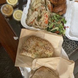 Orange Chicken plate with side salad, rice and veggies + spinach & veggie patties Orange Chicken plate with side salad, rice and veggies + spinach & veggie patties