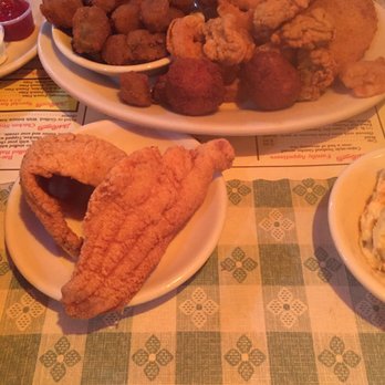 Dick Russell's Bar-B-Q - Seafood Platter. So much food had to move the catfish to another plate - Barbeque Near Me - Mobile, Alabama Dick Russell's Bar-B-Q - Seafood Platter. So much food had to move the catfish to another plate - Barbeque Near Me - Mobile, Alabama