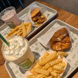 Chicken Shack , crinkle fries, and a shake