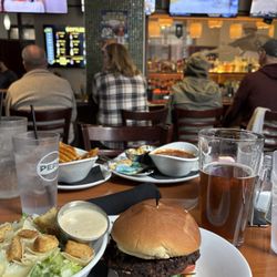 The Over/Under Bar & Grill - Veggie Veggie (Black Bean) Burger, Caesar Salad Small/Large, Bowl of Chili, Waffle Fries, Rogue Dead Guy Ale