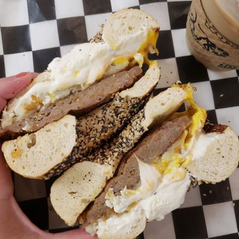 The Bagel Baker - The BB on Broadway with a cream cheese schmear (Sausage, egg, cheese, hashbrown) - Bagels Near Me - Virginia Beach, Virginia The Bagel Baker - The BB on Broadway with a cream cheese schmear (Sausage, egg, cheese, hashbrown) - Bagels Near Me - Virginia Beach, Virginia