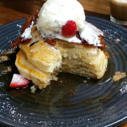 CleanSlate Cafe - Fluffy. With some chew (not light, but substantive).  Still quite good. Aussies seem to like pancakes with a scoop of ice cream on top...