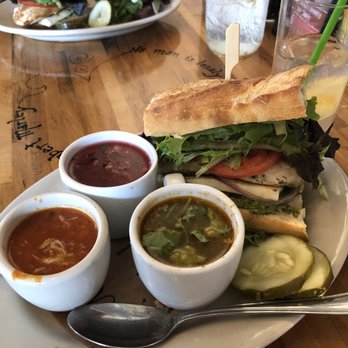 Five Loaves Cafe - Soup Sampler(chicken chili, tomato w/crab meat and watermelon gazpacho and grilled chicken sandwich w/Mozzarella, pesto, tomato(Half) - Sandwiches Near Me - Summerville, South Carolina Five Loaves Cafe - Soup Sampler(chicken chili, tomato w/crab meat and watermelon gazpacho and grilled chicken sandwich w/Mozzarella, pesto, tomato(Half) - Sandwiches Near Me - Summerville, South Carolina