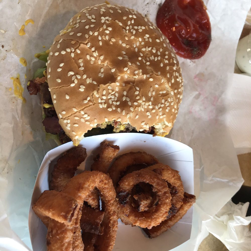 Burger Spot - Pastrami Burger and Onion rings (Sorry, took a bite) - Burgers Near Me - Tehachapi, California