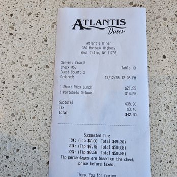 Atlantis Diner - Bill - Diners Near Me - West Islip, New York