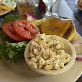 Landfall - Veggie burger with macaroni salad side. - Seafood Near Me - Woods Hole, Massachusetts Landfall - Veggie burger with macaroni salad side. - Seafood Near Me - Woods Hole, Massachusetts
