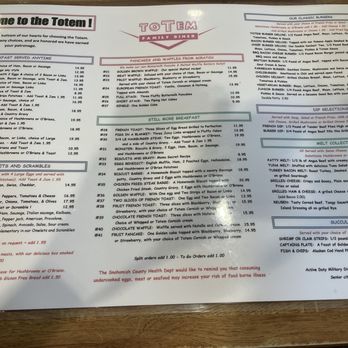Totem Family Dining - Front side of the Menu #2025 - Breakfast & Brunch Near Me - Everett, Washington