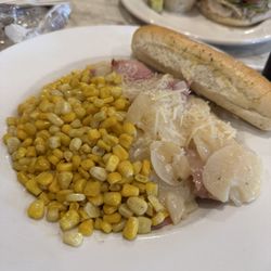 Scalloped potatoes and ham with a corn side