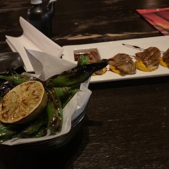 Sushisamba - Shishito peppers with grilled lemon, and wagyu beef gyoza - Asian Fusion Near Me - Las Vegas, Nevada Sushisamba - Shishito peppers with grilled lemon, and wagyu beef gyoza - Asian Fusion Near Me - Las Vegas, Nevada