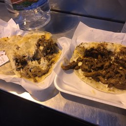 Deshebrada gordita and pastor quesadilla Deshebrada gordita and pastor quesadilla