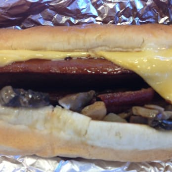 Five Guys - Bacon cheesedog with mayo, grilled onions, and grilled mushrooms - Burgers Near Me - Pinole, California Five Guys - Bacon cheesedog with mayo, grilled onions, and grilled mushrooms - Burgers Near Me - Pinole, California
