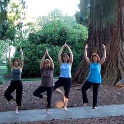 Yoga Hillsboro & The Stress Reduction Clinic - Students practicing among the giant sequoias near the classrooms