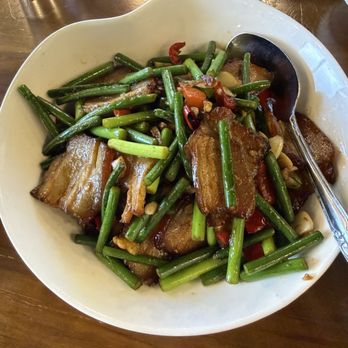Hunan Cuisine - Stir fried pork with garlic moss - Chinese Near Me - Alhambra, California Hunan Cuisine - Stir fried pork with garlic moss - Chinese Near Me - Alhambra, California