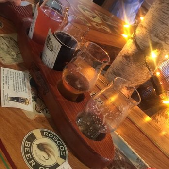 Roscoe Beer Company - A flight of beers in a fish-shaped tray! - Breweries Near Me - Roscoe, New York