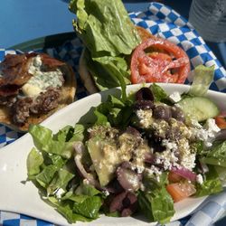 Southsides Patio Bar and Grill - Bacon and blue cheese burger, and Greek salad