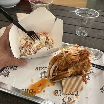 Bruxie - CHICKEN AND WAFFLE. What is that sweet spicy tanginess? Could it be chilli honey? - Chicken Shop Near Me - Long Beach, California