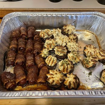 EJ's Custom Catering - On the left we have little smokies wrapped in bacon where on the right we have stuffed mushrooms - Caterers Near Me - Black Diamond, Washington