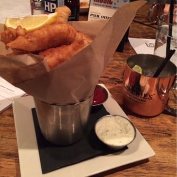 Fadó Irish Pub - Fish & Chips starter (enough for a meal) and a Moscow mule - both $5 a piece during happy hour - Irish Pub Near Me - Columbus, Ohio