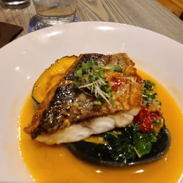 Rock fish, served over butternut squash with a wonderful sauce.