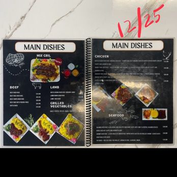 Sultan - Menu of main dishes (Dec 2025) - A menu features main dishes such as beef, lamb, chicken, seafood, and grilled vegetables, with images of some dishes. The menu includes prices for each item and is dated 12/25 in red handwriting. The background is a marble surface, and the menu is spiral-bound with a black and white design. - Falafel Near Me - Breezewood, Pennsylvania