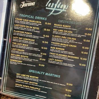 Lazy Days Restaurant - Bev menu - Seafood Near Me - Islamorada, Florida
