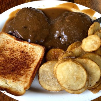 The Outpost - Hamburger steak with gravy, toast and fried potatoes. - American Near Me - Savannah, Tennessee