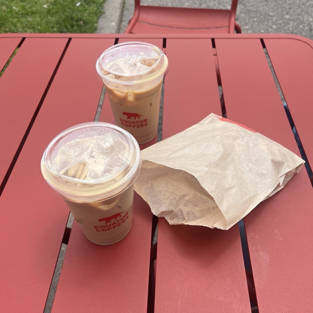 Brown butter caramel latte, iced chai, and almond croissant Brown butter caramel latte, iced chai, and almond croissant