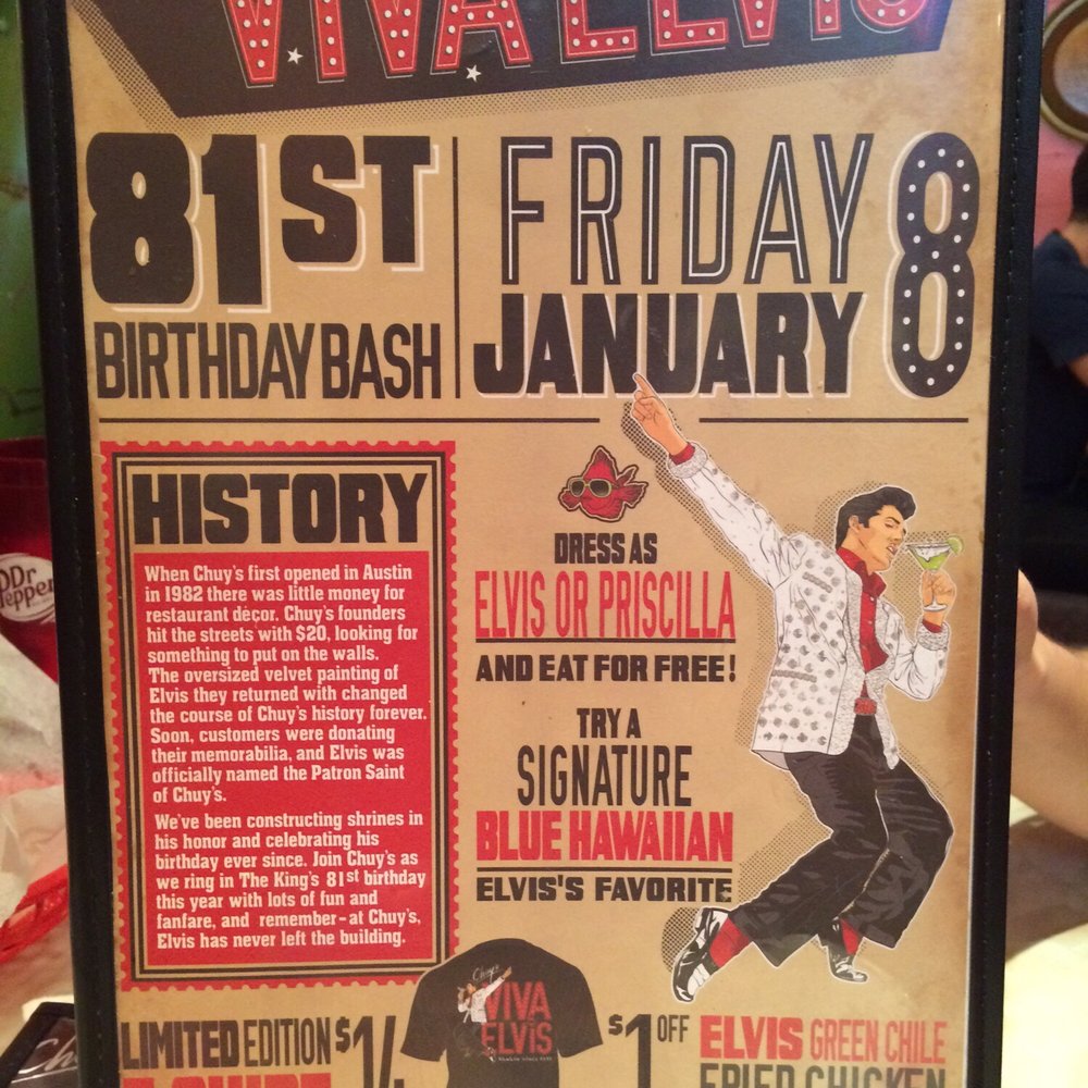 Chuy's - Dress like Elvis Friday Jan 8th, eat for free ! - Mexican Near Me - Nashville, Tennessee Chuy's - Dress like Elvis Friday Jan 8th, eat for free ! - Mexican Near Me - Nashville, Tennessee