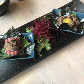 Shoshaku - Duo intense - toro w truffle & shiso (left), wagyu beef w raw egg & shiso (right) - Sushi Bars Near Me - Great Neck, New York