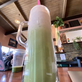 Java Station - Comically huge glass of matcha & strawberry foam - Coffee & Tea Near Me - Santa Barbara, California