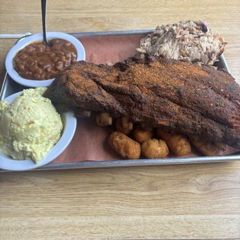 Boulevard Barbeque - Beans, potato salad, chopped bbq, ribs with dry rub, hush puppies - Barbeque Near Me - Morganton, North Carolina