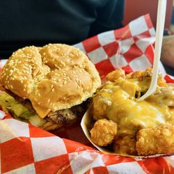 Moonlight Drive-In - The deluxe bacon cheeseburger with chili cheese tots - the "chili" was more of a ground beef topping but it was tasty