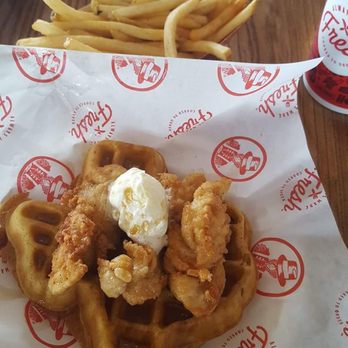 Slim Chickens - Chicken and waffle with side of fries! SO FLIPPIN GOOD!!! - Southern Near Me - Ft. Worth, Texas Slim Chickens - Chicken and waffle with side of fries! SO FLIPPIN GOOD!!! - Southern Near Me - Ft. Worth, Texas